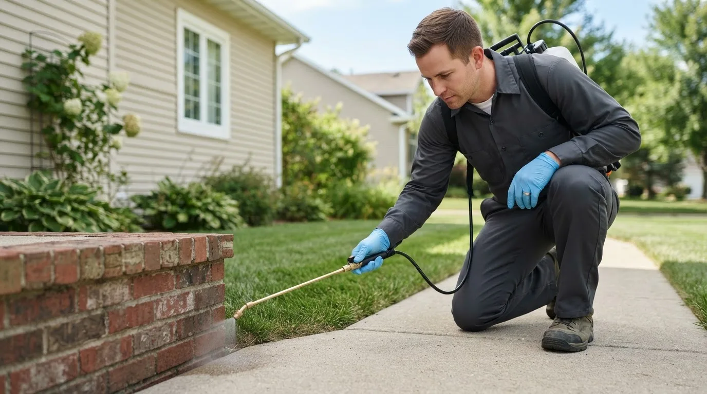 Pest control technician treating a home near Waldo, KS