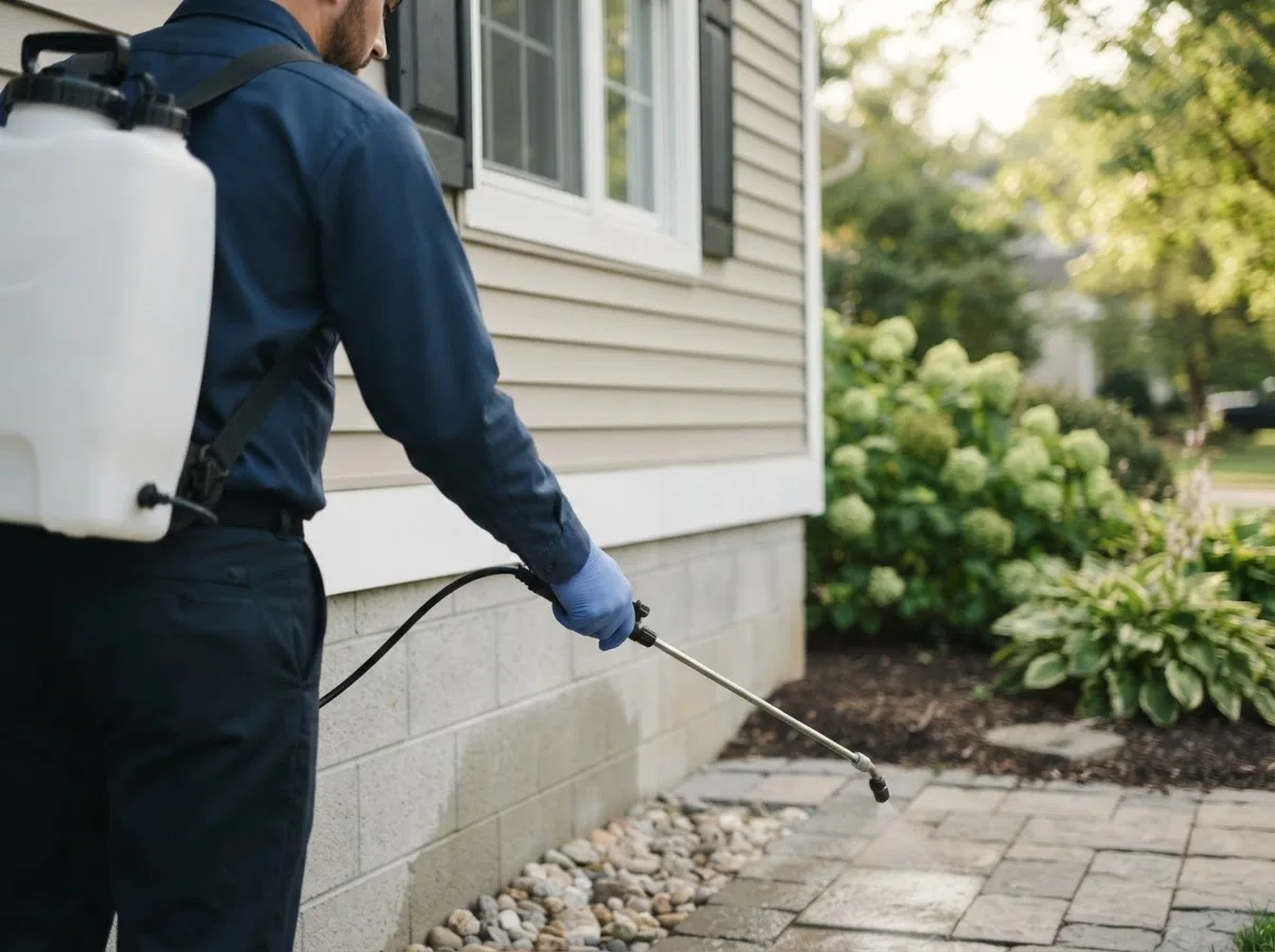 Pest control technician inspecting a home in Waldo, KS